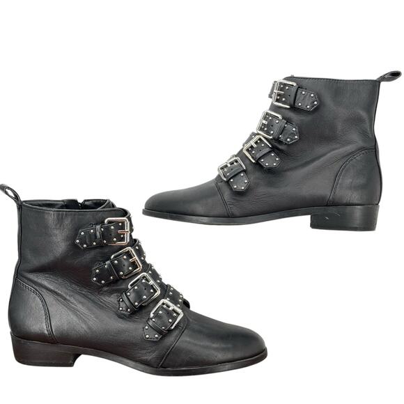VINCE CAMUTO Corvina Studded Moto Boot SZ 8.5 Women’s Black Leather Buckle Edgy - Picture 2 of 12